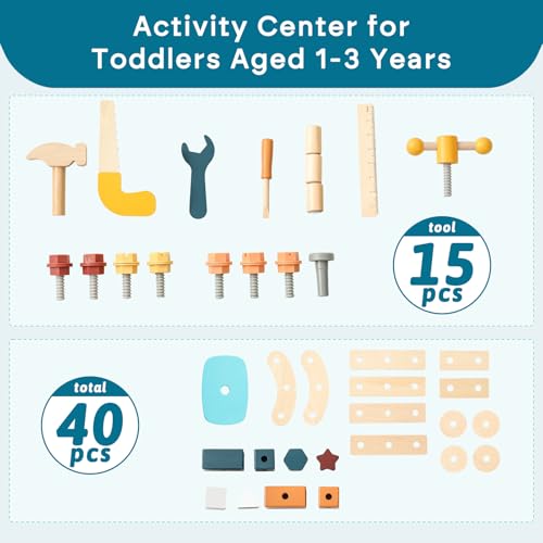 OESSUF 2-in-1 Wooden Baby Walker with 40 PCS Tool Toys – Baby Push Walker for 6-12 Months, Activity Center for Toddlers Aged 1-3 Years, Montessori Toy for Boys and Girls (Blue) - Thumbnail 5