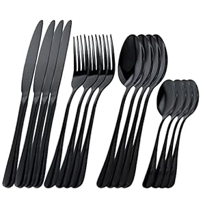 OBR KING Cutlery Black 16-Piece Cutlery Set Made of 18/0 Stainless Steel, Cutlery Sets Including Knife, Fork, Spoon and Coffee Spoon, Mirror Polished Cutlery Set, 4 People Set, Dishwasher Safe