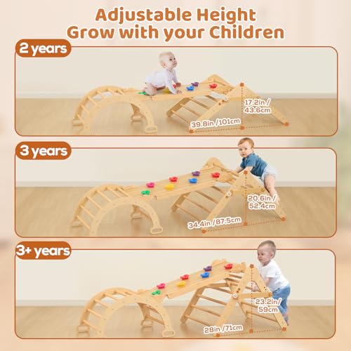 Image of FUNLIO Foldable Pikler Triangle Set, Montessori Climbing Set with Solid Wood for Toddlers 2-5 yrs, Adjustable 5-in-1 Indoor Play Gym with Arch /Slide /Climbing Rock /Triangle, Easy to Install-Small Size