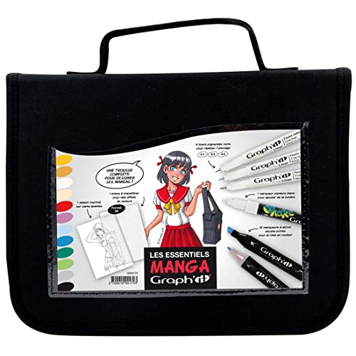 GRAPH'IT Trousse Essentiels Manga - 12 marqueurs + 3 liners + 1 Shake blanc + trame A6, noir