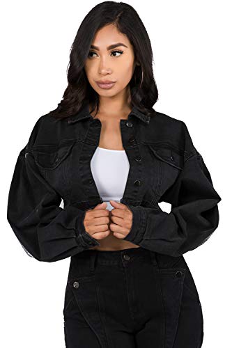 Twiin Sisters Women's Stretchy Button Down Long Sleeve Distressed Casual Crop Denim Jean Jackets for Women