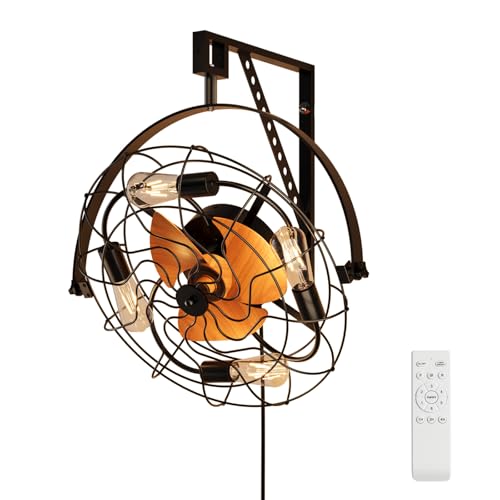 Nuoqiso Wall Mount Fan with Remote & 4 E26 Bulb Sockets - 6-Speed Ultra-Quiet (35dB) 360°...