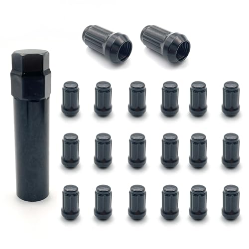 Image of 20PCS 1 /2-20 Black Spline Lug Nuts with 1 Key - 17mm Hex, 1.35 inch Tall, 0.8 inch Wide - Black Solid Lug Nuts Compatible with Wrangler, Liberty Aftermarket