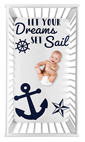 Sweet Jojo Designs Navy Blue White Anchors Boy Girl Fitted Crib Sheet Baby Toddler Bed Nursery Photo Op - Nautical Theme Ocean Sailboat Sea Marine Sailor Anchor Dreams Set Sail Unisex Gender Neutral