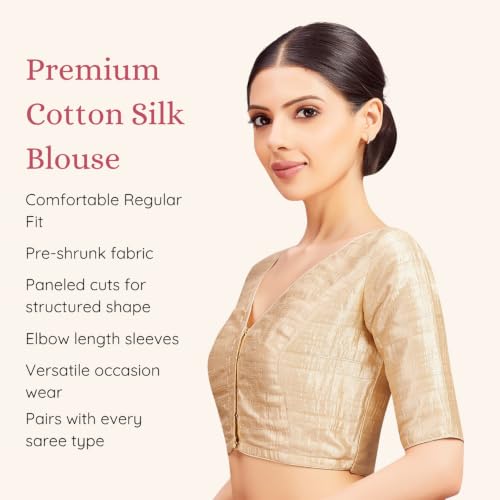 Image of Studio Shringaar Women Readymade Raw Silk V Neck Saree Half Sleeve Blouse