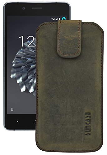Suncase ECHT Ledertasche Leder Etui *Slim-Edition* für BQ Aquaris X5 Plus (mit Rückzugsfunktion & Magnetverschluss) antik-dunkel braun