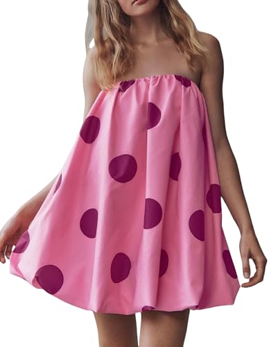 Image of Faretumiya Women Polka Dot Bubble Mini Dress Strapless Flowy Short Tube Dress Off Shoulder Y2k Balloon Dress Party Beach(