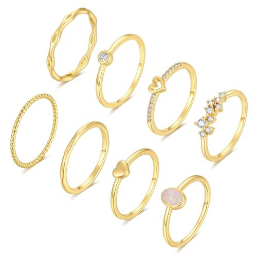 RLMOON 8PCS Gold Rings for Women Non Tarnish 14K Gold Plated Stacking Rings Set Danity Thumb Stackable Rings Gold Heart CZ Thumb Rings Plain Band Size 4