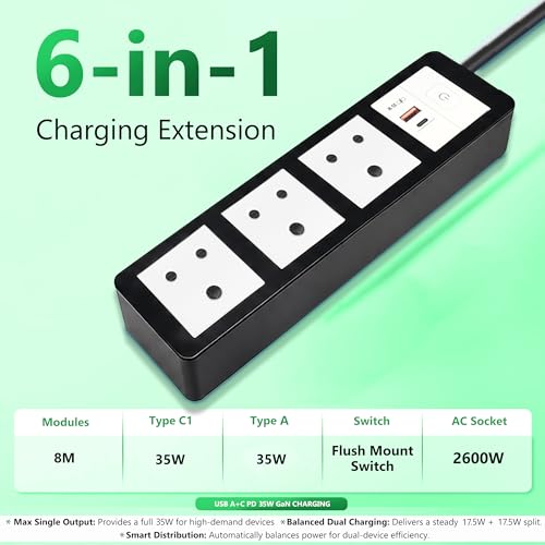 Image of MX 35W Extension Board PD GaN Charger Super Fast Charging 1 USB-A + C, 3 Indian 6A Sockets (2600W) Multiport Desktop Power Strip for iPhone, Android, Laptop, Tablet Charging Station 5M Cable