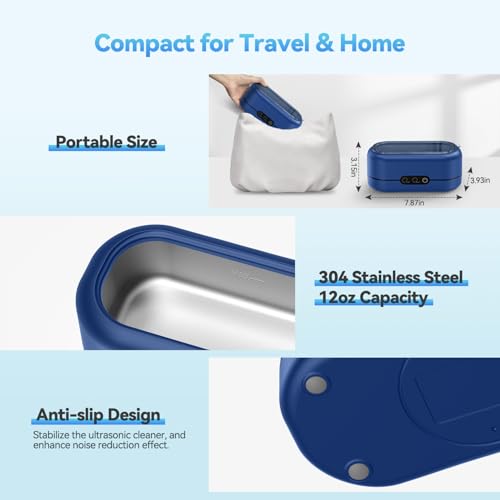 Ultrasonic Jewelry Cleaner, Upgraded 48KHz Jewelry Cleaner Ultrasonic Machine with 304 Stainless Steel Tank for Eyeglasses, Rings, Watch Strap, Dentures, Dual Cleaning Modes - Dark Blue