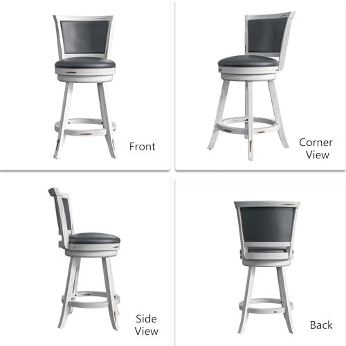 Butacos Giratorios de Barra, Juego de 2 Unidades, Altura de Encimera 24", Asiento Tapizado en Cuero Sintético con Espaldar y Reposapiés, Patas de Madera Maciza, para Cocina, Comedor y Pub, Color Blanco Antiguo miniatura 7