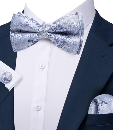 Image of YOHOWA Paisley Striped Men Bow Tie Pre-Tied Formal Adjustable Colorful Bowties Handkerchief Cufflinks Set Wedding Party