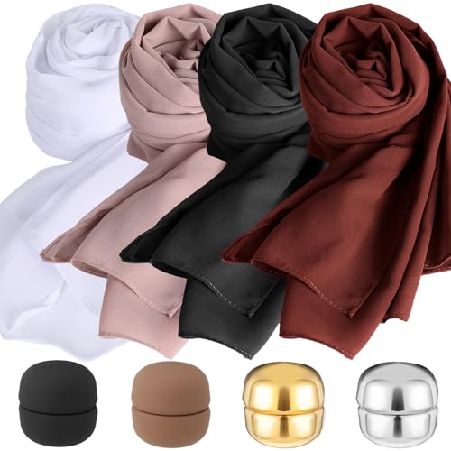 4 Set Muslim Hijab Scarfs with Magnetic Pins Chiffon Head Wrap Scarf for Women Soft Head Scarves Long Wraps Muslim Scarf Strength Hijab Pins Ramadan Outfit for Women