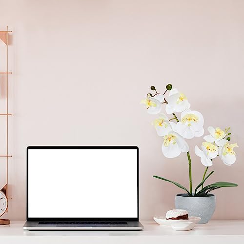 Joyerace White Orchid Artificial Flowers 2 Stems in Grey Pot, Potted Faux Orchid Flower for Home Bathroom Table Living Room Office Kitchen Decor