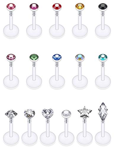 Jenxnjsjo Plastic Threadless Lip Rings Cartilage Earring Labret Ashley 16g 8mm 16 Gauge Surgical Steel Clear Flat Back Tragus Helix Conch Medusa Monroe Piercing Jewelry for Women Internally Threaded