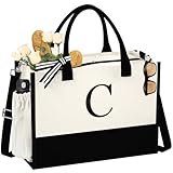 Personalized Beach Bag Initial Canvas Tote Bag with Zipper & 2 Pockets, 16oz Beach Tote Bag with Shoulder Strap, Embroidery Bag Women Appreciation Gift for Teacher Bridesmaid Friendship Wife Letter C