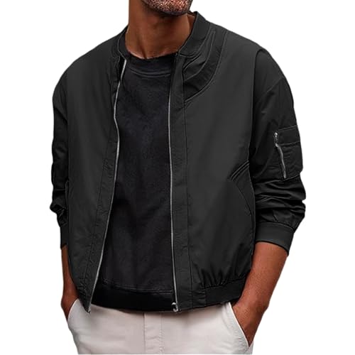 Chaqueta cortavientos ligera para hombre, chaqueta de entretiempo, chaqueta bomber, chaqueta de aviador, cuello alto, chaqueta de béisbol, con bolsillos con cremallera, chaqueta de invierno, Negro ,