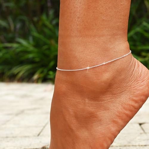 Image of Ankle Bracelets for Women 14K Gold Plated Anklet Silver Anklets Waterproof Evil Eye Beaded Pearl Tennis Crystal Heart Cuba Link Chain Anklets Dainty Jewelry Gift for Her