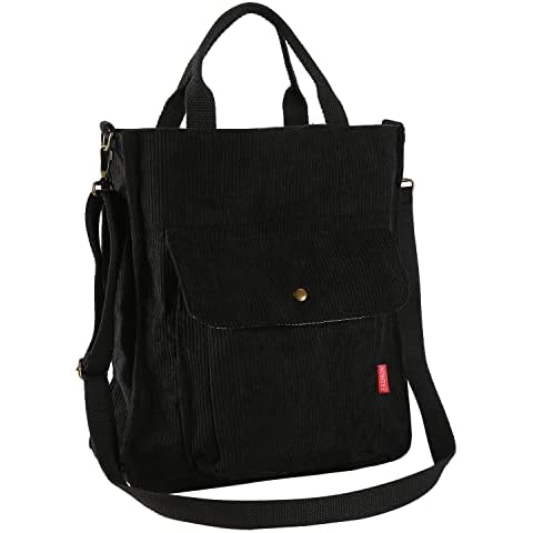 BLUEEE CHECKERS Cord Shoulder Bag Women's Daily Large Cord Shoulder Bag Shopper Casual Tote Handbag Cotton Bag Fabric Bag Women for University, Office, School, Travel and Shopping, black, 32x28x8cm Cover
