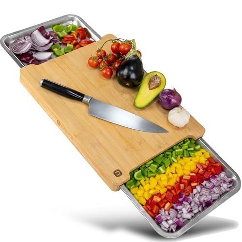 naturlik Tagliere da cucina in bambù con vassoi magnetici – Doppio contenitore per alimenti e scarti, pratico, resistente,...