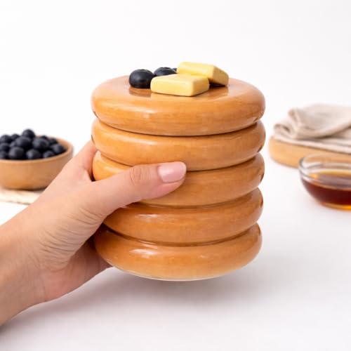 Image of Pancake Stack Ceramic Jar with Lid | Cute Handmade Kitchen Storage Canister | Faux-Food Whimsical Style | Lead-Free Clay