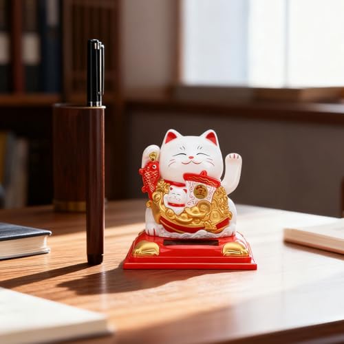 Alomejor Statue de Chat Fortune à énergie Solaire, Attire la Richesse, Voiture, Bureau, Maison, Autocollant en Plastique Blanc – vue 9
