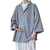 [merhee] メンズ 夏服 七分袖 シャツ 冷感 涼しい アイスシルク キューバカラー シャツ 大きいサイズ 吸汗速乾 メンズ オープンカラー シワ加工 カジュアル シンプル オシャレ grey-XL