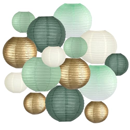 Image of 15-Pack Sage Green Gold Paper Lanterns, Hanging Classroom Decor | 6,8,10 Inch Hanging Lanterns for Weddings, Bridal Showers, Graduations, Anniversaries & Baby Showers
