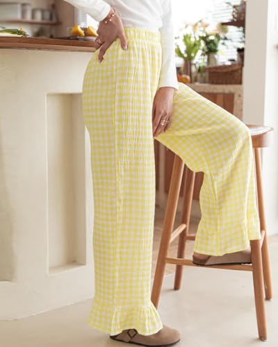 Image of codcm Womens Gingham Pants Wide Leg Lounge Pants Y2k Plaid Print Ruffle Hem Loose Trouser