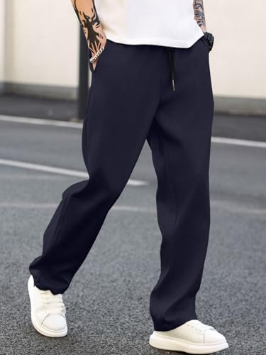 Image of MULAVRI Solid Drawstring Relexed Fit Modern Straight Leg Pants for Men's