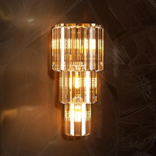 Image of LUVODI Crystal Wall Light Luxury: 20x50CM 3-Layer Wall Sconce Lamp Modern Light Fixture with 3X E14 Bulbs for Porch, Hallway, Bar, Restaurants, Patio, Home Decor