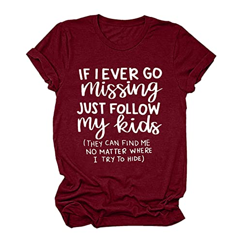 Image of Generisch Women's Casual Letter Print Blouse with Crew Neck Short Sleeves Stylish Loose Shirts Tops Take, Wine Red, S