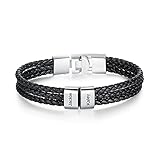 Personalized Men’s Black Leather Braid Bracelets with 1-8 Names Engraved Custom Bead Bracelet for Men Personalized Birthday Christmas Thanksgiving Gift for Men Husband Dad Brother Son Grandfather (Silver, 2 Beads)