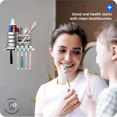 Image of Wall Mounted Toothbrush Holder Organizer, Stainless Steel Bathroom Tumbler & Toothpaste Stand, 4 Brush Slots, Mirror Finish, Rustproof Storage Rack (15 x 13.5 x 11 cm, Silver)