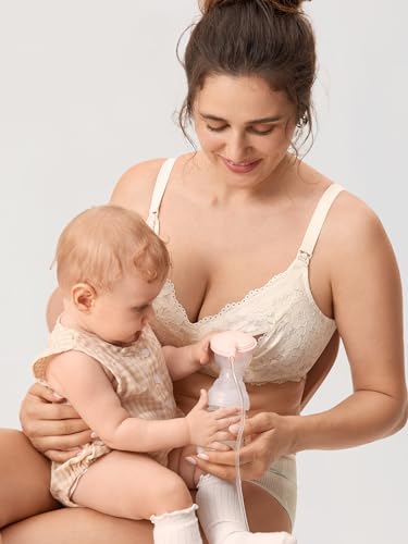 MOMANDA Women\'s Pumping Bra Hands Free Lace Nursing Bras for Maternity Breast Breastfeeding Cute Support Ivory 34C