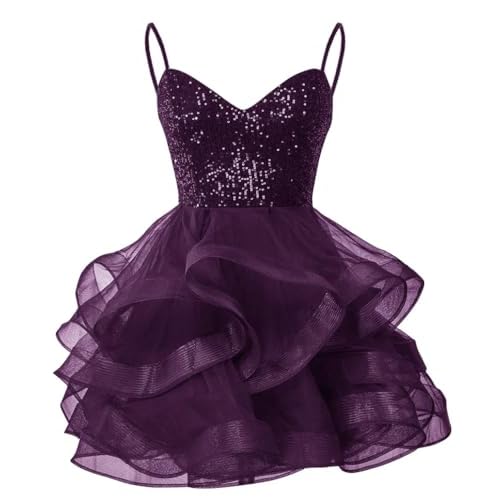 Tulle Homecoming Dresses for Teens Spaghetti Strap Sequin Short Prom Dresses Layered Cocktail Mini Dress One Size Plum
