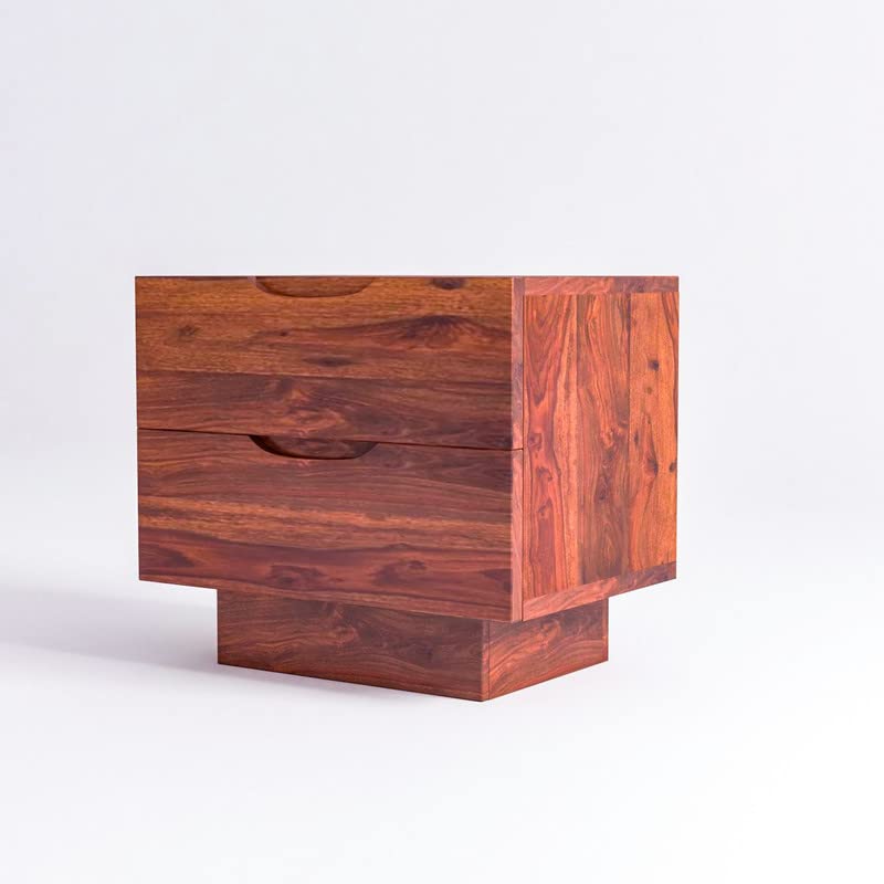 Image of Solid Wood Sheesham Sofa Side Table with 2 Drawer - Honey Finish