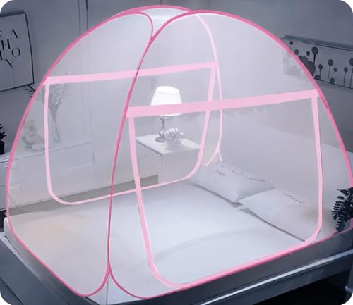 Image of Mosquito Net for Double Bed, 6.5x6.5 Feet 30 GSM Premium Double Bed Machardani, Strong and Durable, PVC Coated Tent Type, Foldable, Corrosion Resistant, King Size (White-Pink)