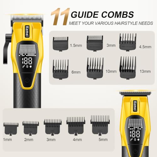 Image of KEMEI 8561 Professional Cordless Hair Clipper and Trimmer Barber Kit | 7300 RPM motors; 160 /250-minute runtimes; dual 2500mAh batteries; LED displays; 6 clipper combs; 5 trimmer guards