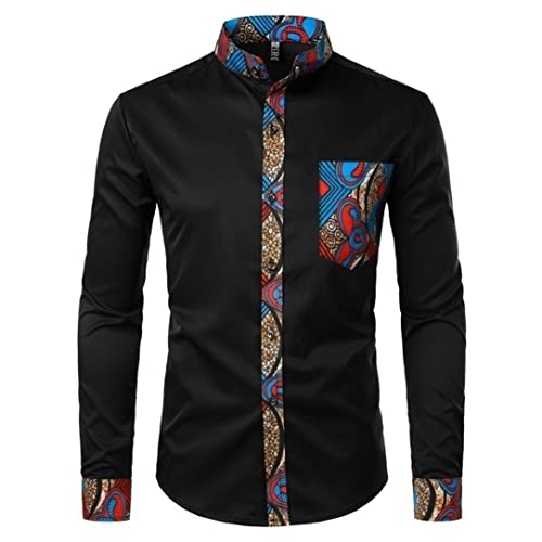 Chemise africaine Dashiki homme noire vêtement ethnique manches longues patchwork M