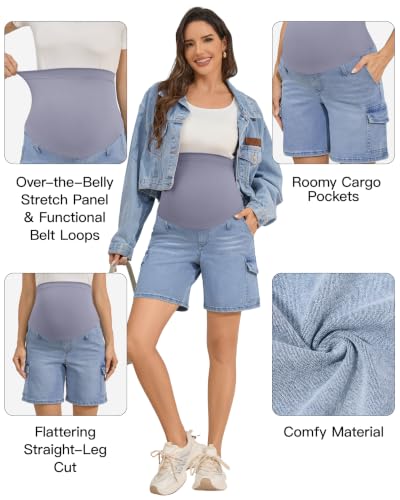 Image of PACBREEZE Women's Maternity Jean Shorts Over Belly Stretch Denim Shorts Trendy Summer Pregnancy Clothes