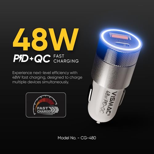 Image of Vismac 48W Fast Car Charger with Qualcomm Quick Charge and PD USB-A and Type-C Ports Glowing Ring LED Metal Textured Body Over Voltage Over Current and Over Temperature Protection