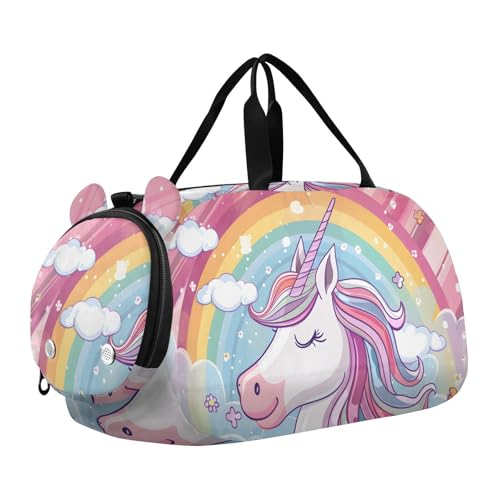 Duffle Bag Kids Gym Bag with Shoes Compartment & Wet Separation Overnight Travel Bag Unicorn and Flowers Clouds for Girl Boy