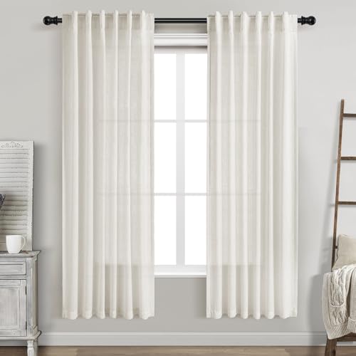 Image of Cream Semi Sheer Linen Curtains 72 Inch Length for Living Room Back Tab Rod Pocket Modern Farmhouse Coastal Decor Cream Cotton Textured Gauze Curtains 72 Inches Long for Dining Room Office 42x72