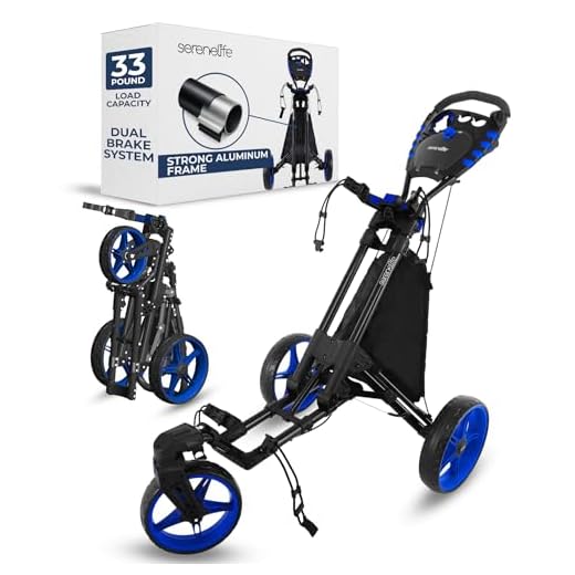 SereneLife 3 Wheel Golf Push Cart - Lightweight Folding Walking Push Cart Roller Golf Bag Holder w/Foot/Handle Brake, Upper/Lower Bracket w/Elastic Strap, Scorecard/Cup/Bag Storage Holder SLGZ48