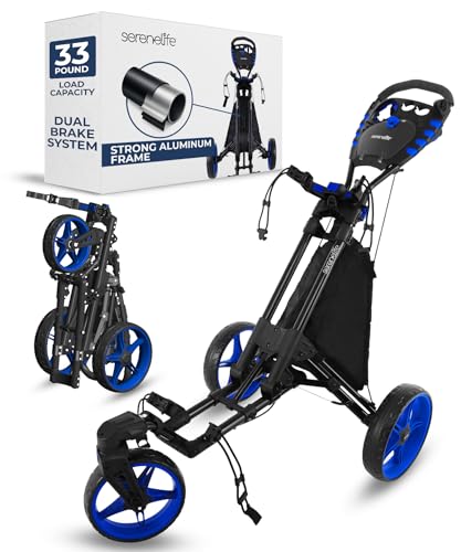 Image of SereneLife Golf Push Pull Cart - Lightweight, Foldable, Bag Holder with Adjustable Handle, Caddy Accessories, Compact Folding Golf Trolley for Travel