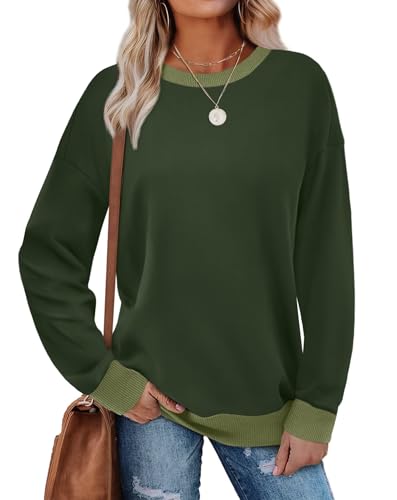 WIHOLL Sweatshirts for Women UK Oversized Color Block Ribbed Trim Long Sleeve Tops Crewneck Loose Fit Ladies Jumpers Green M