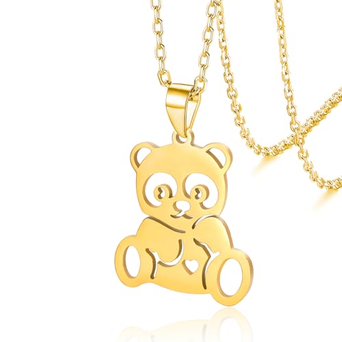 VASSAGO Bear Necklace for Women Men Cute Bear Pendant Necklace Stainless Steel Animal Necklace Jewelry Gifts with a Velvet Bag (gold bear necklace)