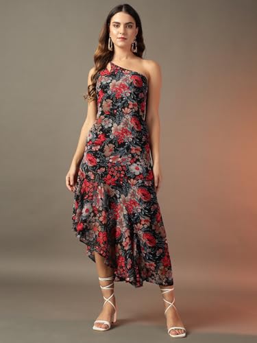 Image of Trend Arrest.ed Women's Floral One-Shoulder Cocktail Dress | Asymmetrical Hem with Lining | Adjustable & Removable Pads | Elegant Fit for Party, Wedding & Special Occasions