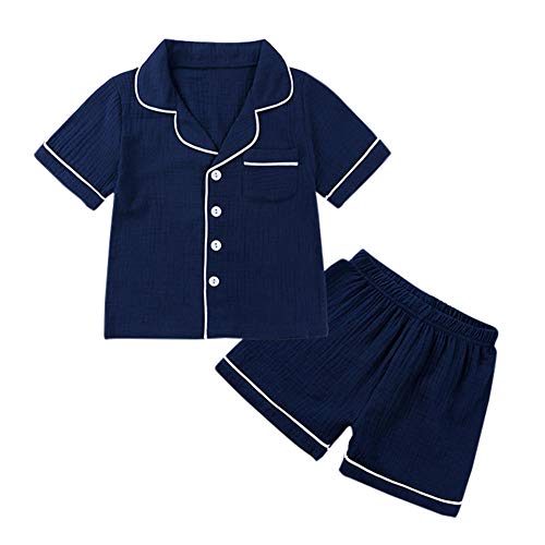 Kids Short Sleeve Pajamas Summer Lounge Set 2 Piece Little Boys Button Down Sleepwear Toddler Muslin Pjs (Navy,3T)